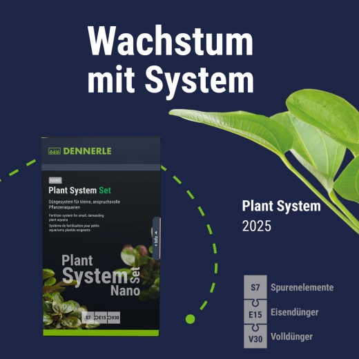 Die hochwertige Verkaufsverpackung des Dennerle Plant System Sets Nano. Das Bild zeigt das komplette Set mit den drei Kernkomponenten S7, E15 und V30. Klar erkennbar ist das bekannte Dennerle-Design, das für Qualität und Sicherheit in der Aquaristik steht