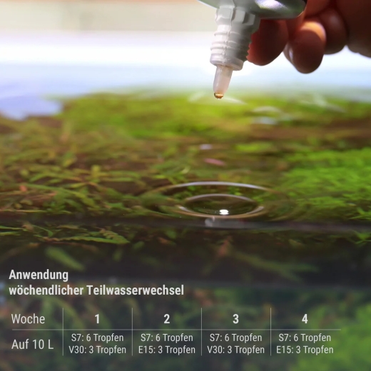 Detailaufnahme der drei im Set enthaltenen Dünger-Spezialisten: Plant System S7 VitaMix (102g) für Vitalität, E15 FerActiv (26,75g) für die Eisenversorgung und V30 Complete (27,5g) als Volldünger. Die unterschiedlichen Darreichungsformen (Flüssigdünger un